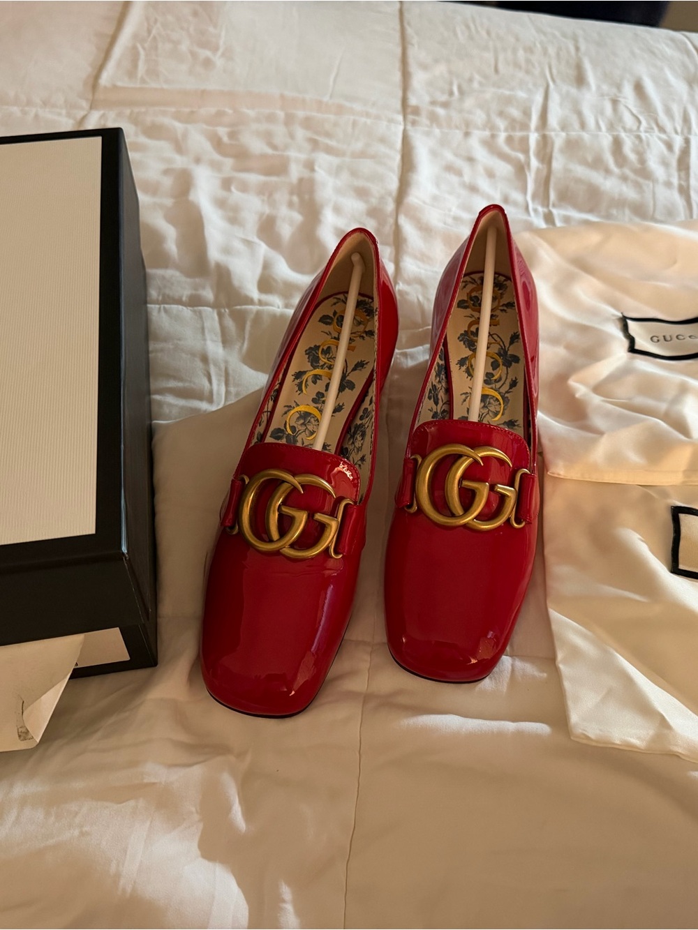 Gucci Red Patent Leather GG Marmont Loafers